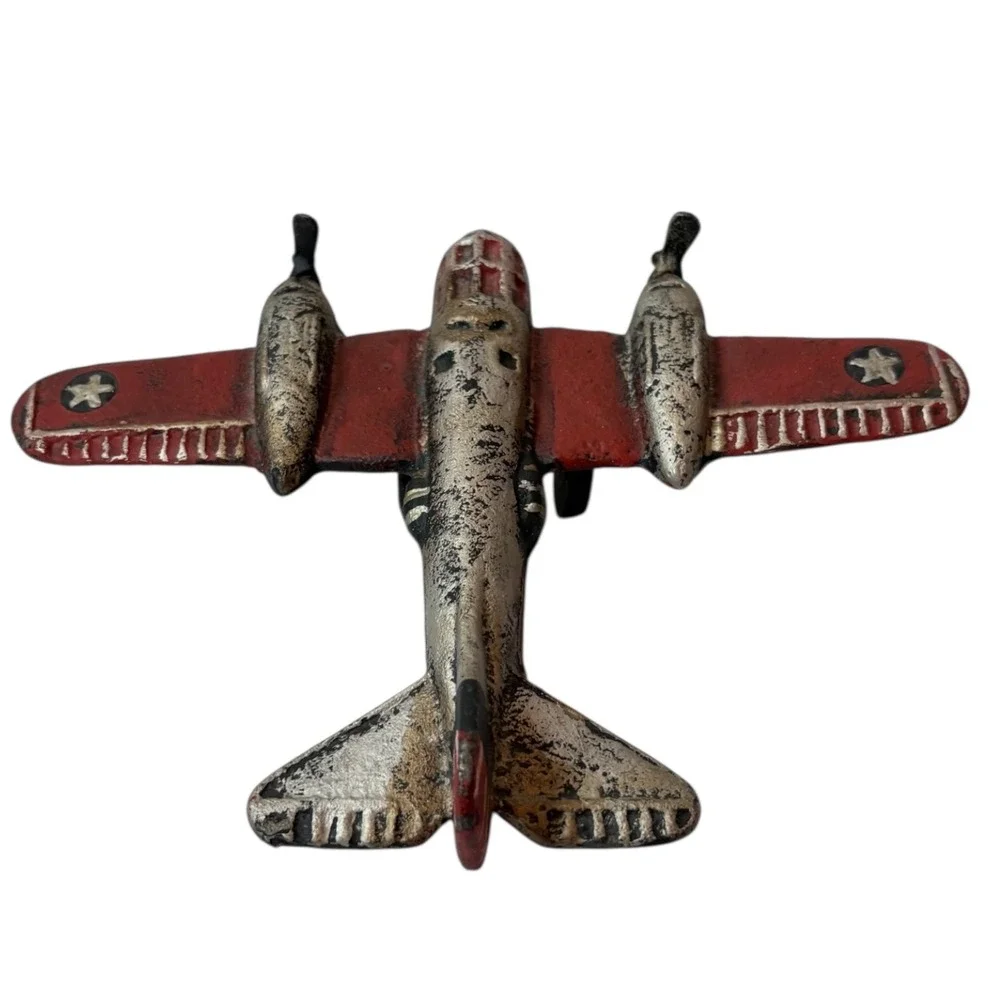Vintage Cast Iron WWII Toy Airplane Bomber B22 Red Silver Twin Propellers Driven